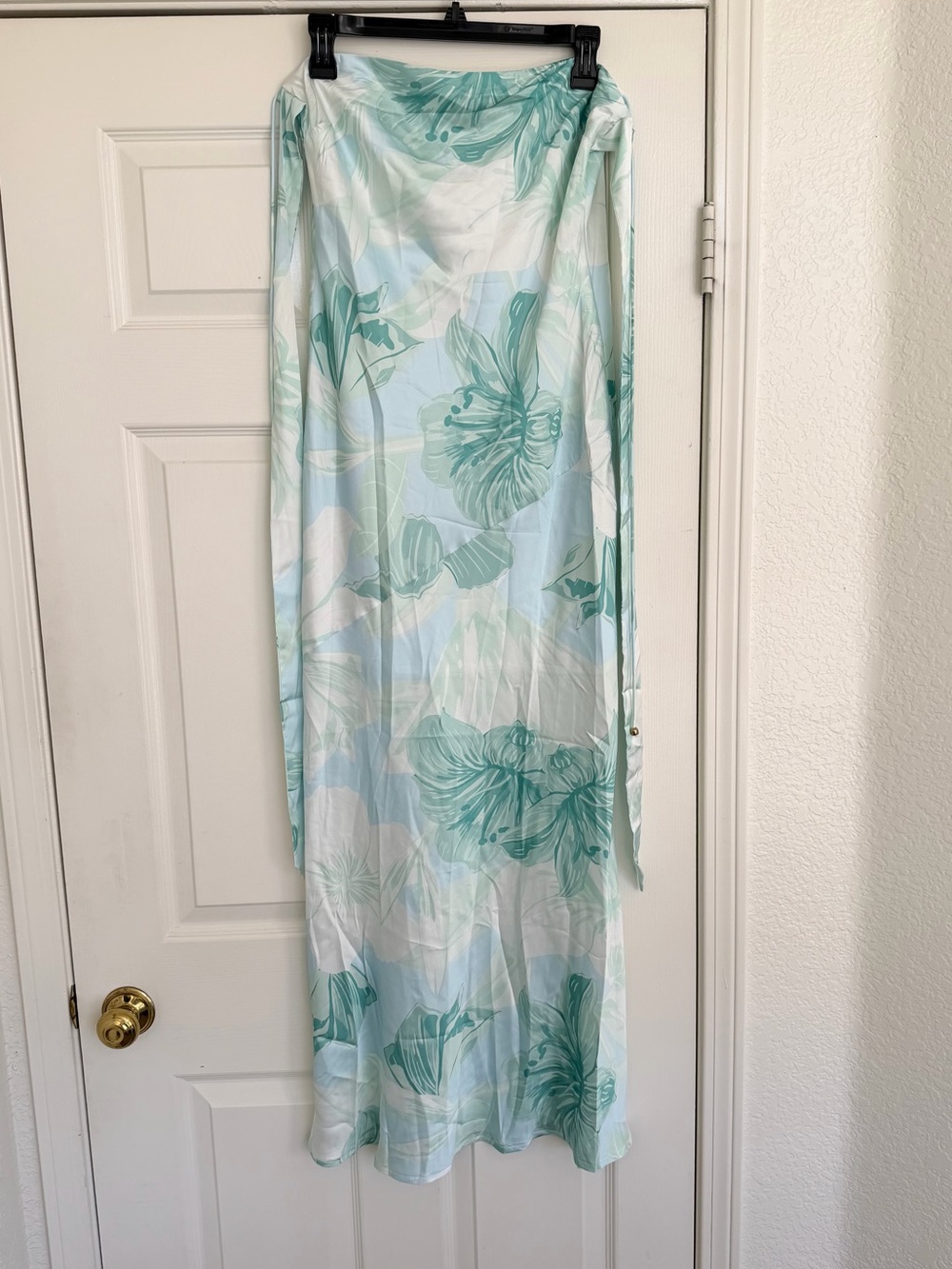 Here Comes The Sun Floral Silky Maxi Dress Blue Green White Strapless